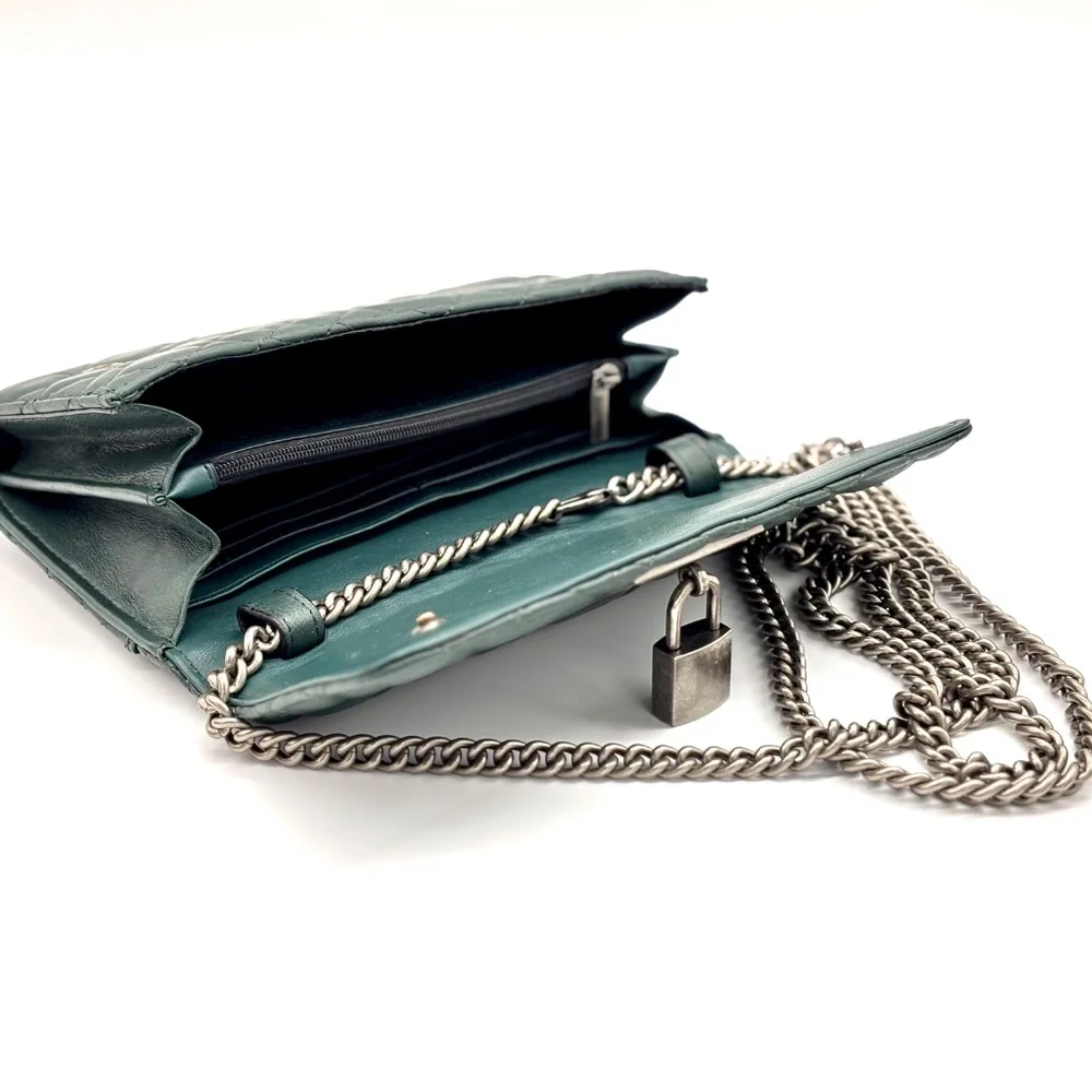 KURT GEIGER Brixton Lock Charm Green Leather Chain Wallet NWOT